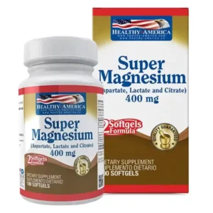 Super Magnesium de Healthy America, 400mg de magnesio de alta absorción para la relajación muscular y el descanso.
