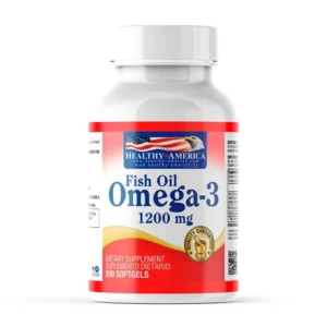Frasco de Omega 3 1200mg de Healthy America con 200 cápsulas blandas para la salud cardiovascular y cerebral.